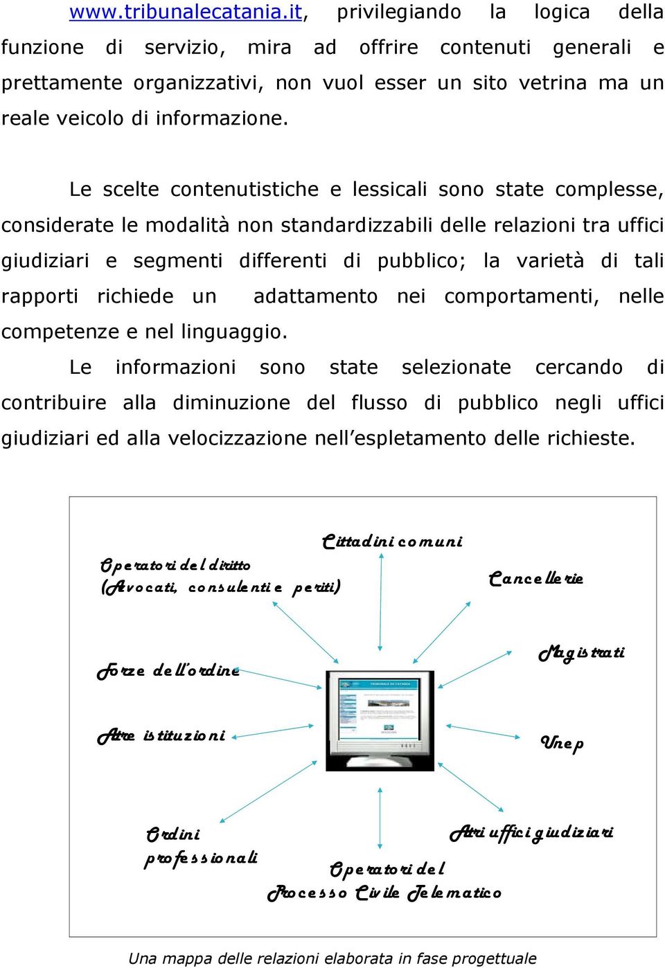 Le scelte contenutistiche e lessicali sono state complesse, considerate le modalità non standardizzabili delle relazioni tra uffici giudiziari e segmenti differenti di pubblico; la varietà di tali