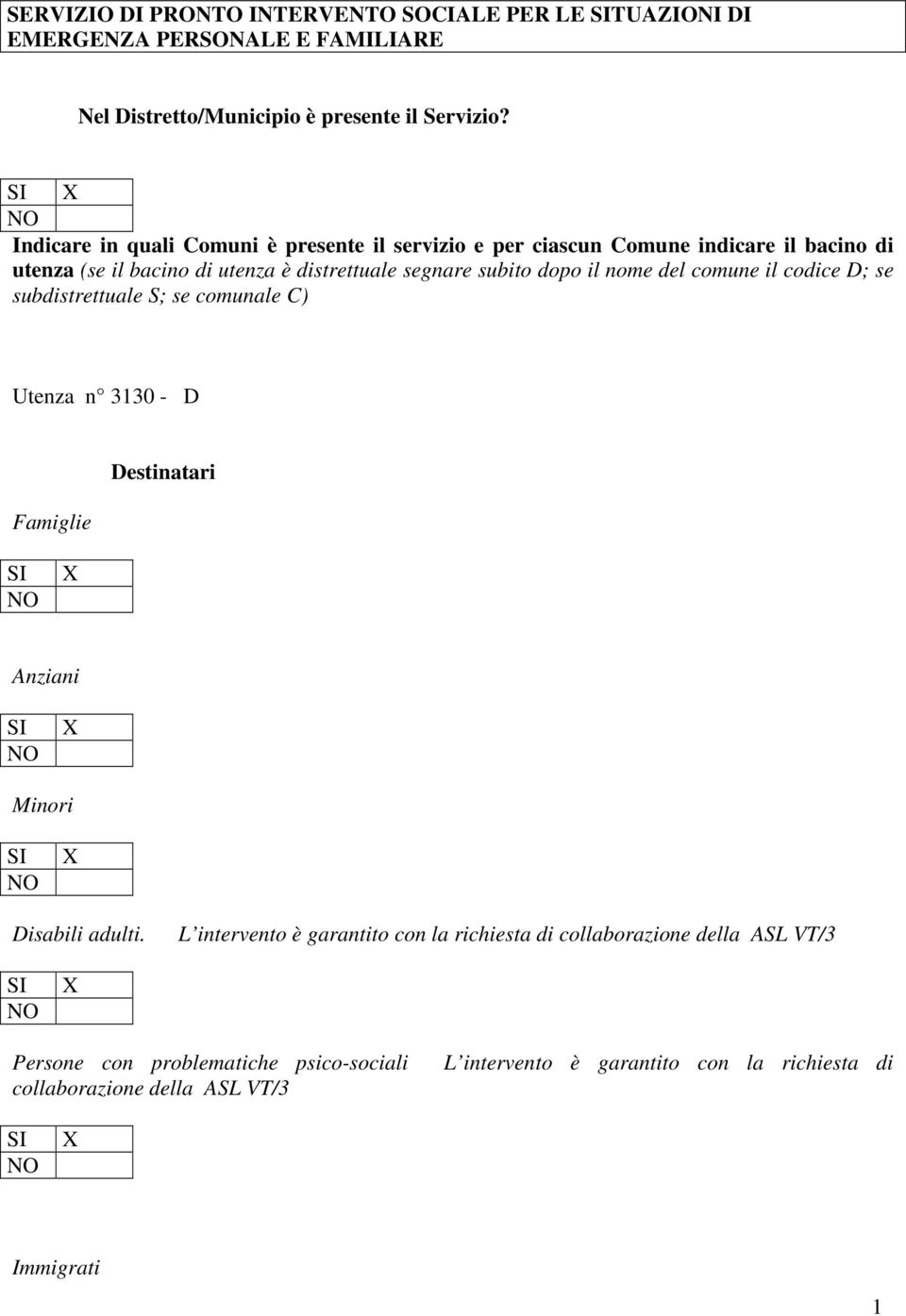 il nome del comune il codice D; se subdistrettuale S; se comunale C) Utenza n 3130 - D Famiglie Destinatari Anziani Minori Disabili adulti.