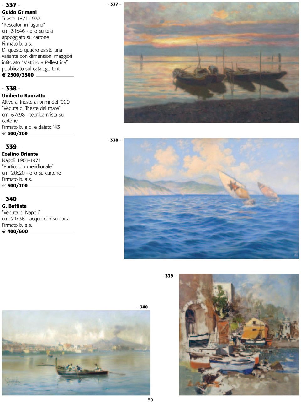 pubblicato sul catalogo Lint. 2500/3500-338 - Umberto Ranzatto Attivo a Trieste ai primi del 900 Veduta di Trieste dal mare cm.