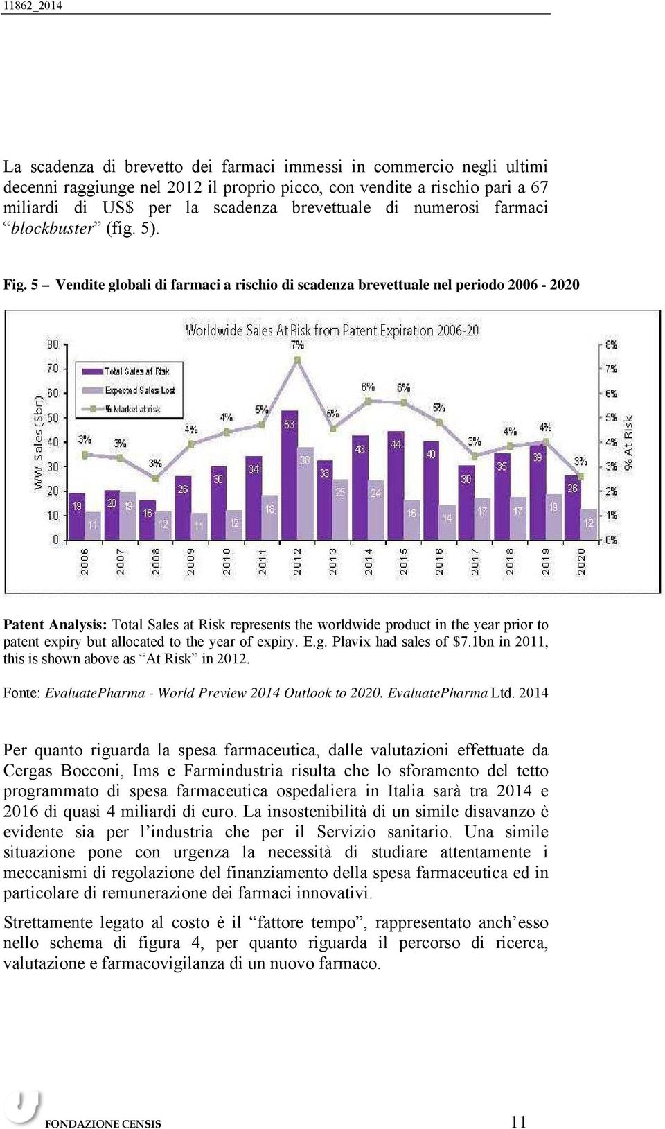 5 Vendite globali di farmaci a rischio di scadenza brevettuale nel periodo 2006-2020 Patent Analysis: Total Sales at Risk represents the worldwide product in the year prior to patent expiry but