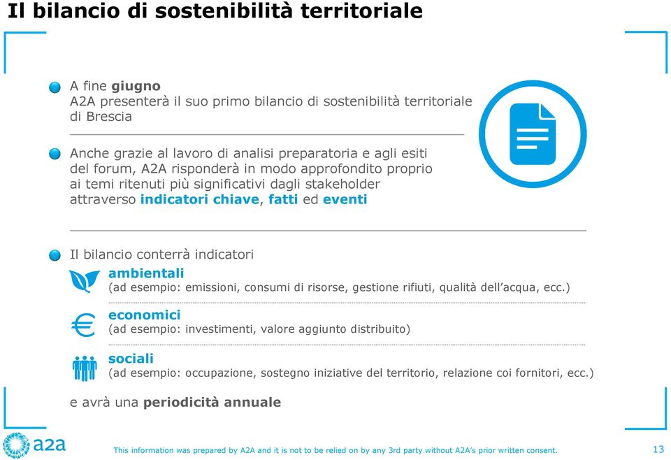 ed eventi Il bilancio conterrà indicatori ambientali (ad esempio: emissioni, consumi di risorse, gestione rifiuti, qualità dell acqua, ecc.