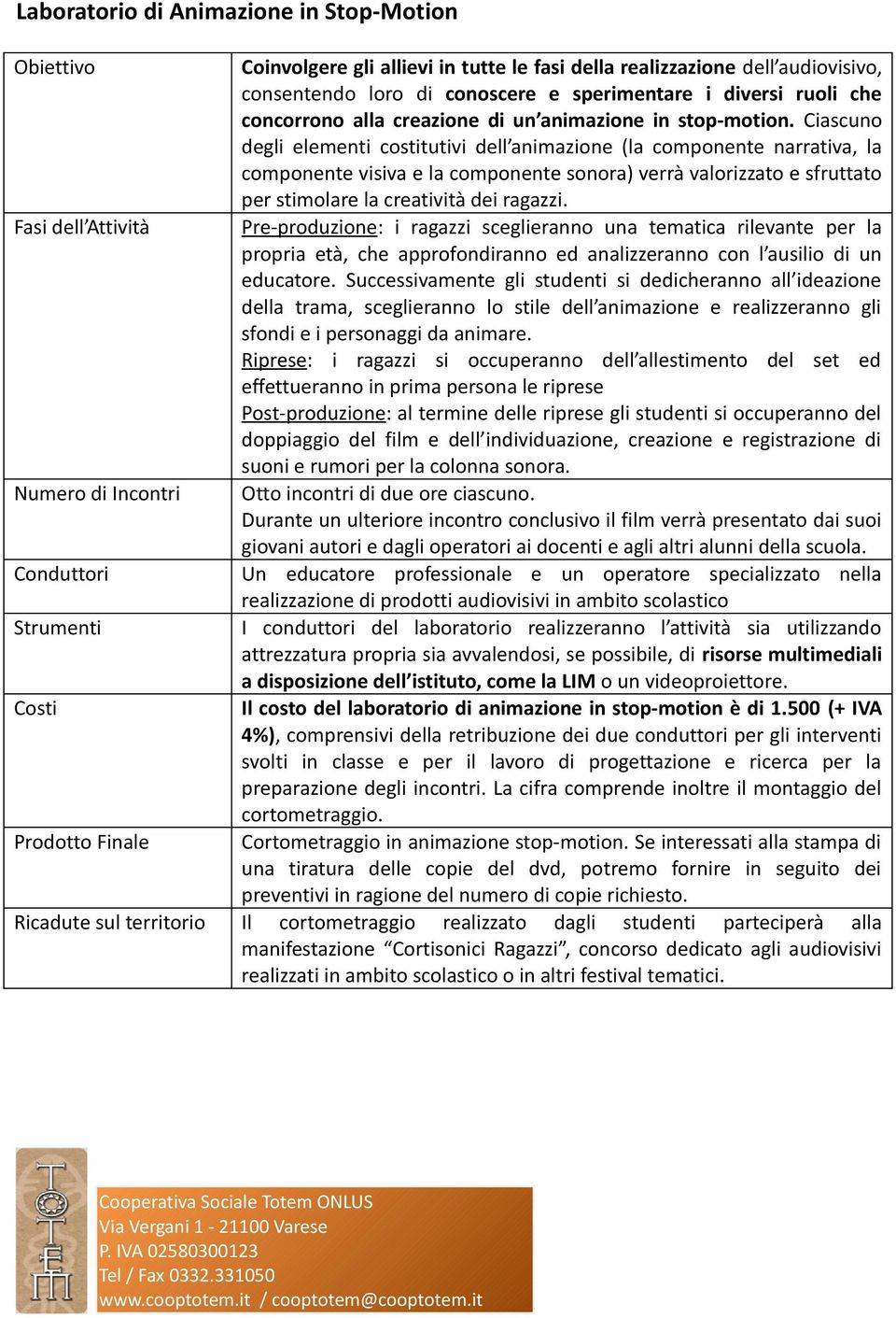 Ciascuno degli elementi costitutivi dell animazione (la componente narrativa, la componente visiva e la componente sonora) verrà valorizzato e sfruttato per stimolare la creatività dei ragazzi.