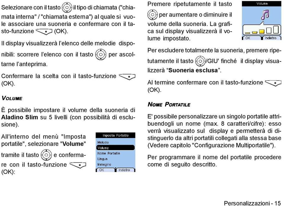 Confermare la scelta con il tasto-funzione VOLUME È possibile impostare il volume della suoneria di Aladino Slim su 5 livelli (con possibilità di esclusione).