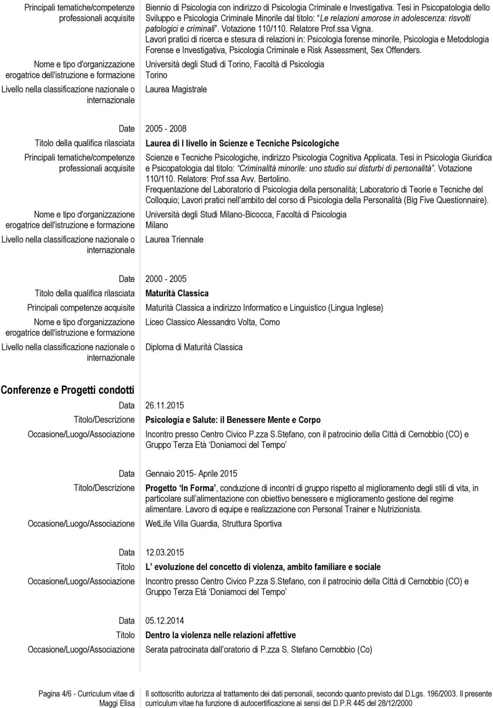 Lavori pratici di ricerca e stesura di relazioni in: Psicologia forense minorile, Psicologia e Metodologia Forense e Investigativa, Psicologia Criminale e Risk Assessment, Sex Offenders.