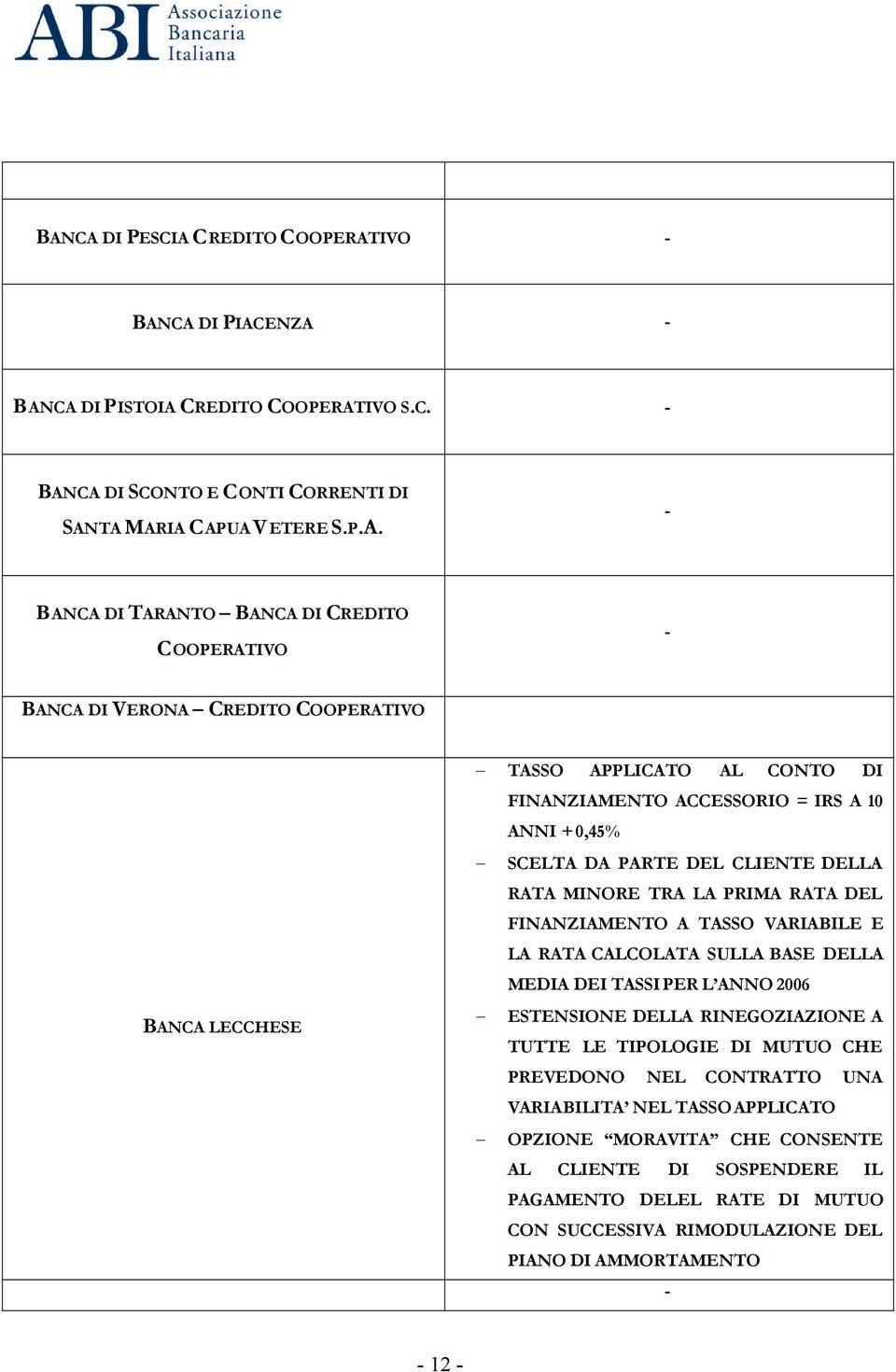 FINANZIAMENTO A TASSO VARIABILE E LA RATA CALCOLATA SULLA BASE DELLA MEDIA DEI TASSI PER L ANNO 2006 ESTENSIONE DELLA RINEGOZIAZIONE A TUTTE LE TIPOLOGIE DI MUTUO CHE PREVEDONO