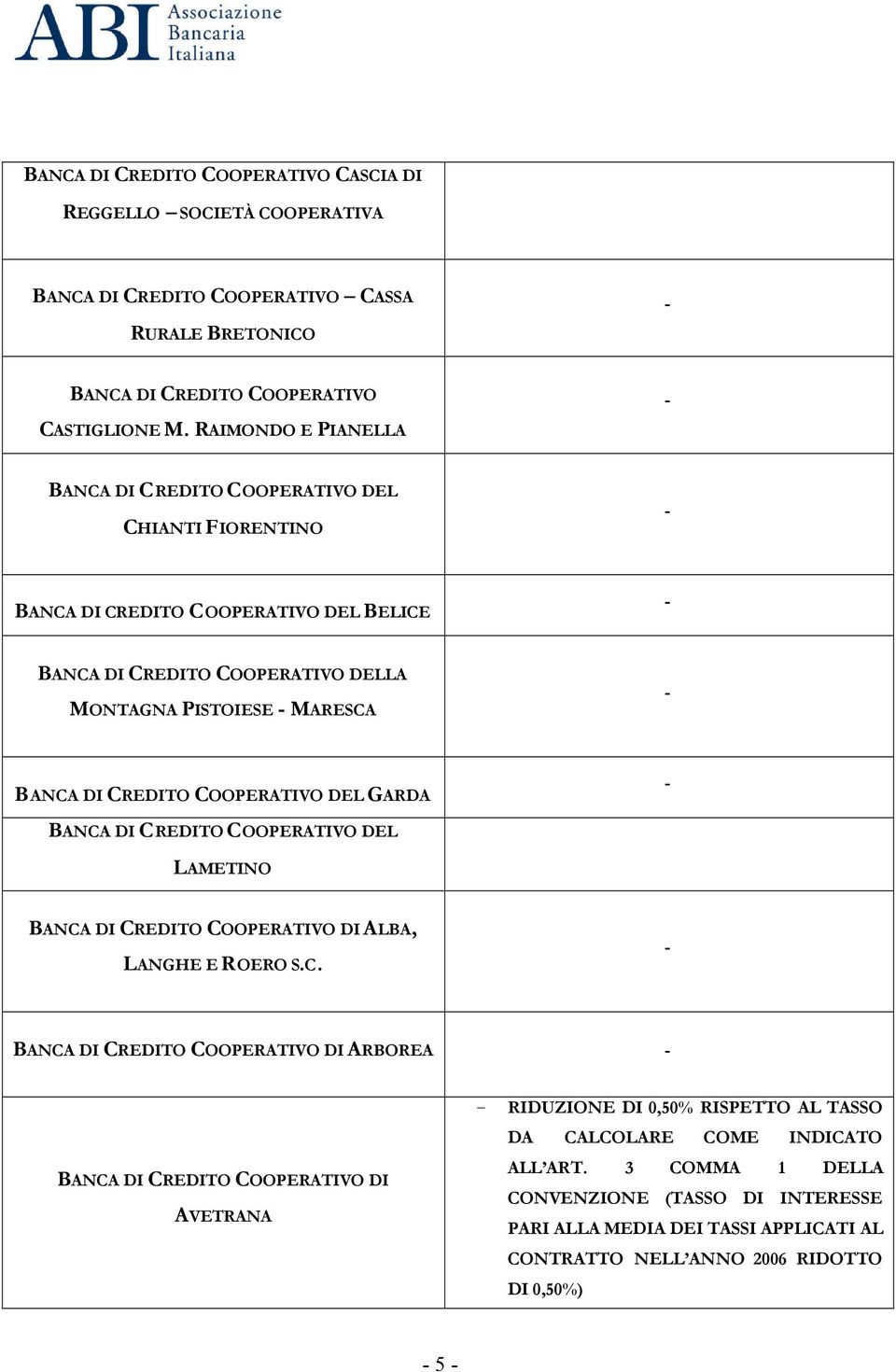 MARESCA BANCA DI CREDITO COOPERATIVO DEL GARDA BANCA DI CREDITO COOPERATIVO DEL LAMETINO ALBA, LANGHE E ROERO S.C. ARBOREA AVETRANA RIDUZIONE DI 0,50% RISPETTO AL TASSO DA CALCOLARE COME INDICATO ALL ART.