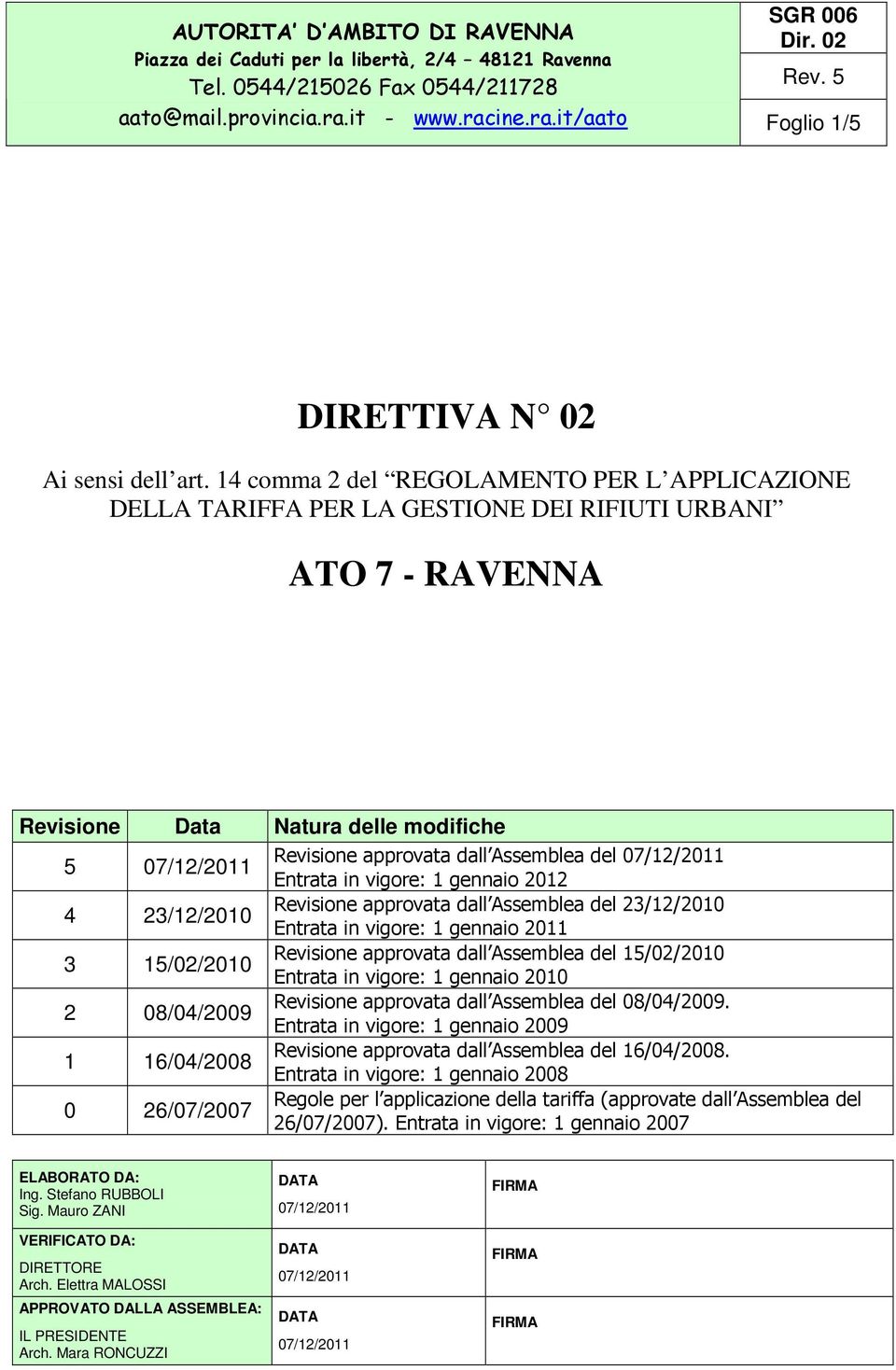 vigore: 1 gennaio 2012 4 23/12/2010 Revisione approvata dall Assemblea del 23/12/2010 Entrata in vigore: 1 gennaio 2011 Revisione approvata dall Assemblea del 15/02/2010 3 15/02/2010 Entrata in