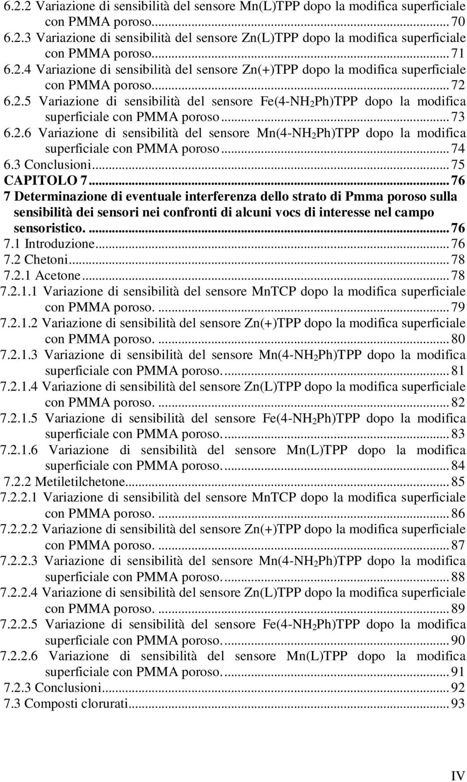 ..73 6.2.6 Variazione di sensibilità del sensore Mn(4-NH 2 Ph)TPP dopo la modifica superficiale con PMMA poroso...74 6.3 Conclusioni...75 CAPITOLO 7.