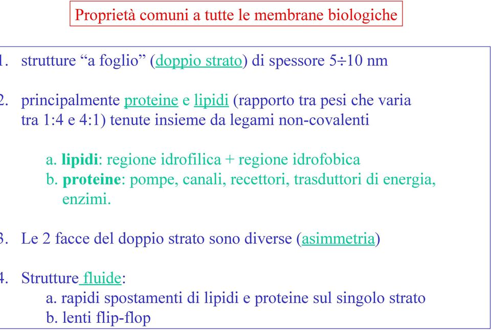 lipidi: regione idrofilica + regione idrofobica b. proteine: pompe, canali, recettori, trasduttori di energia, enzimi.