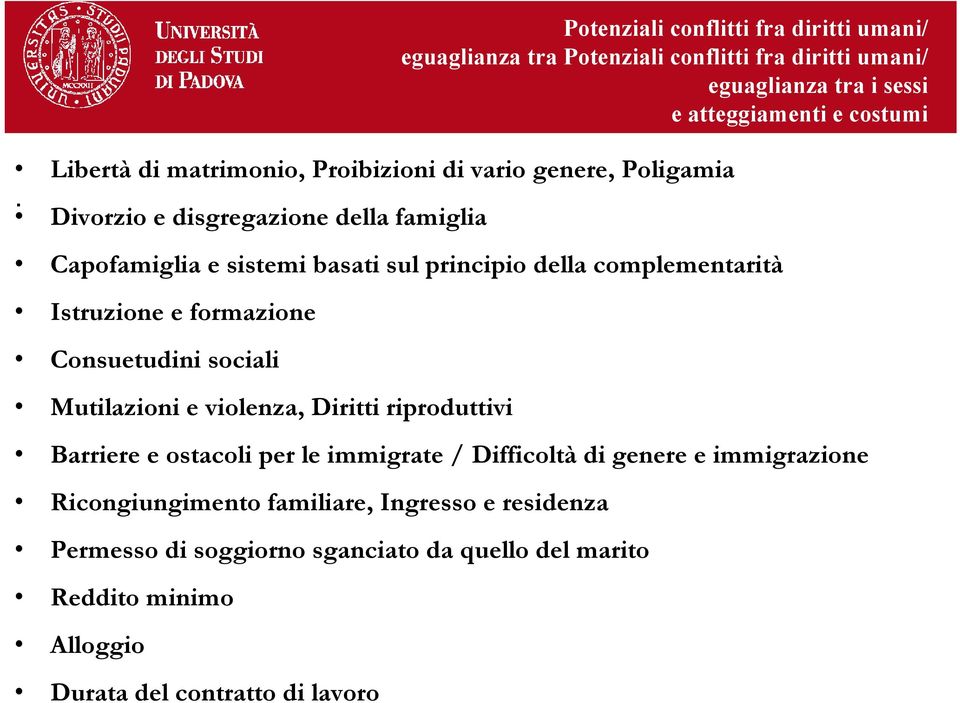 teggiamenti e costumi Divorzio e disgregazione della famiglia culturali delle comunità immigrate Capofamiglia e sistemi basati sul principio della complementarità Istruzione e