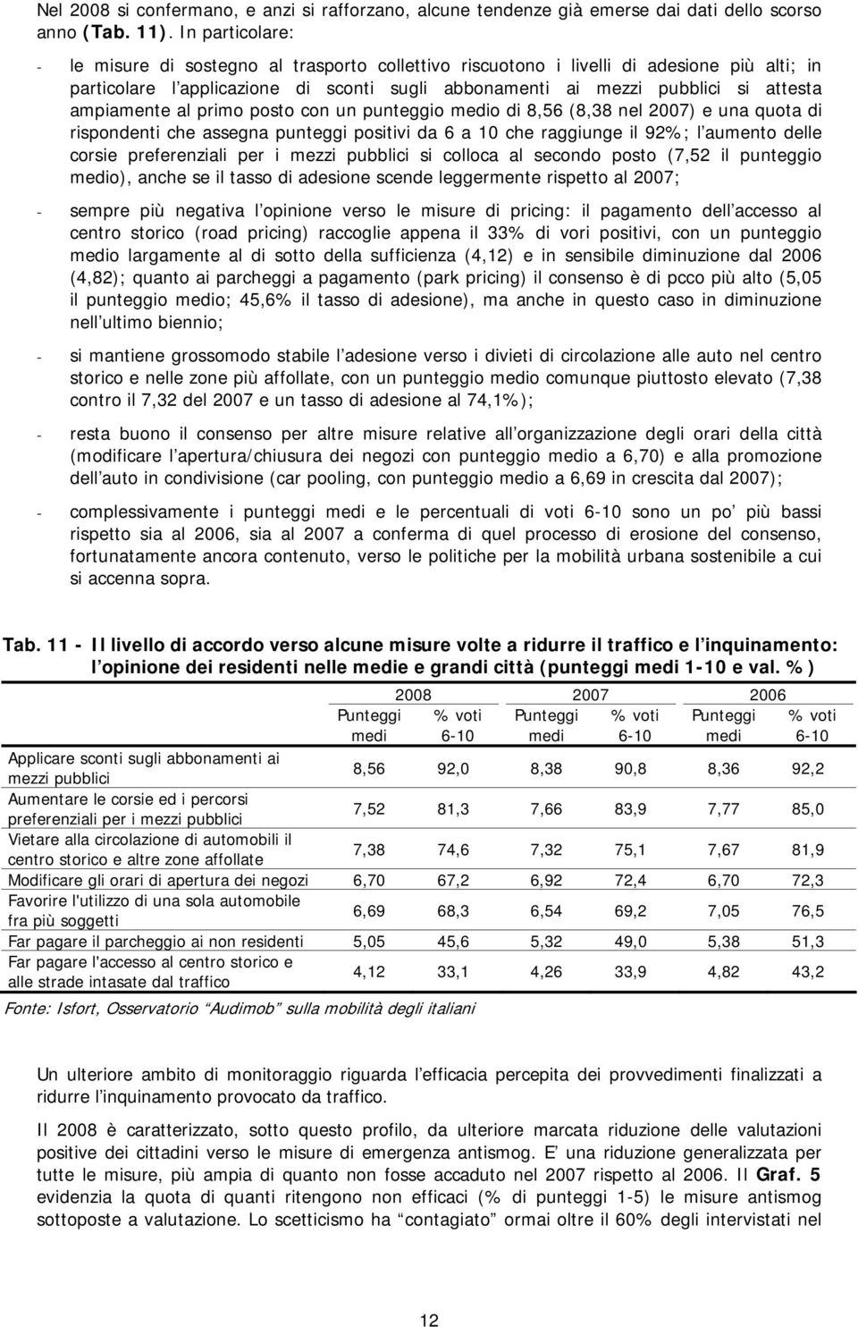 ampiamente al primo posto con un punteggio medio di 8,56 (8,38 nel 2007) e una quota di rispondenti che assegna punteggi positivi da 6 a 10 che raggiunge il 92%; l aumento delle corsie preferenziali