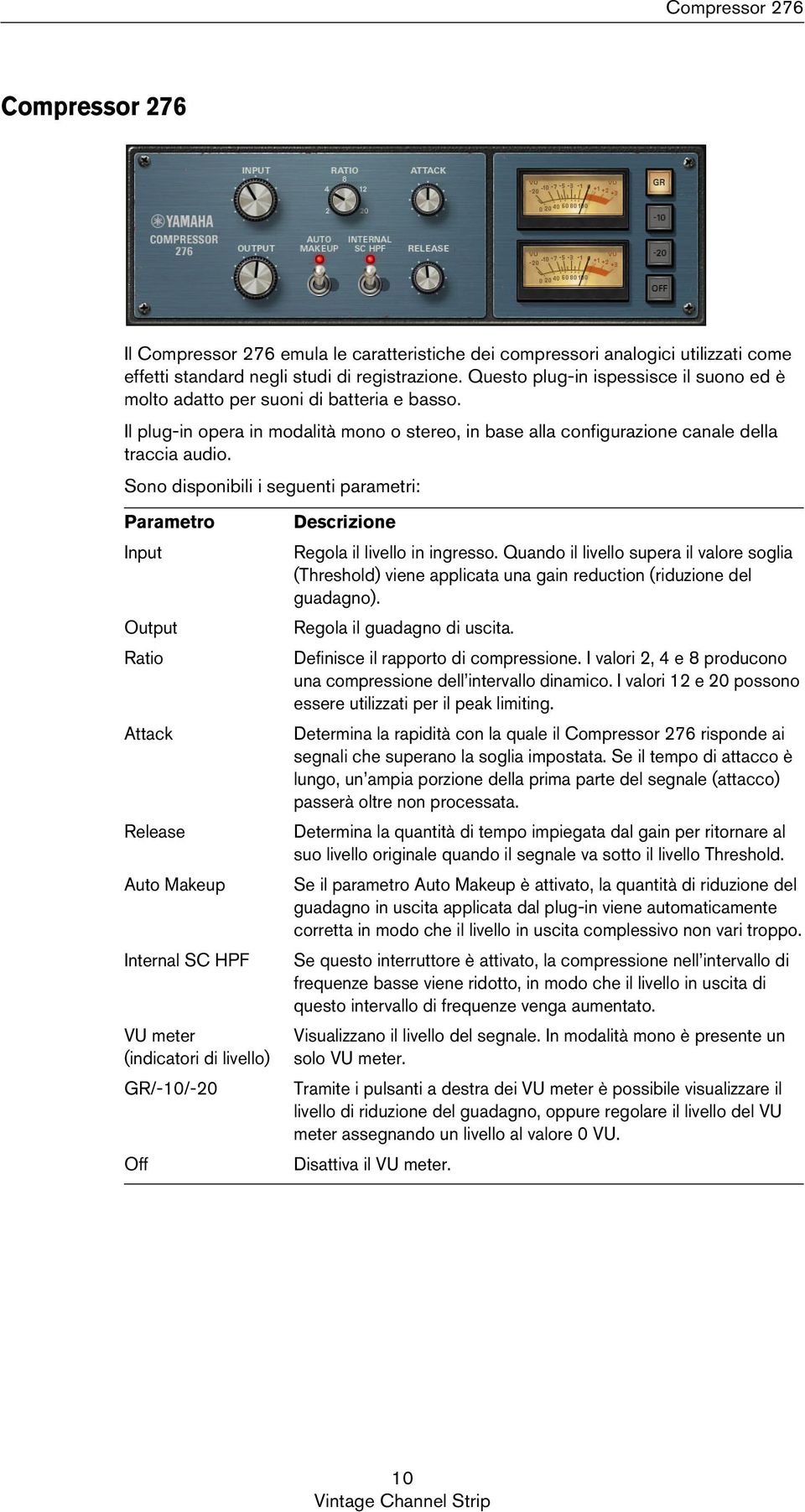 Input Output Ratio Attack Release Auto Makeup Internal SC HPF VU meter (indicatori di livello) GR/-10/-20 Off Regola il livello in ingresso.