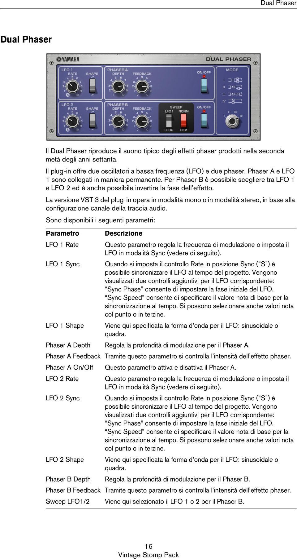 Per Phaser B è possibile scegliere tra LFO 1 e LFO 2 ed è anche possibile invertire la fase dell effetto.