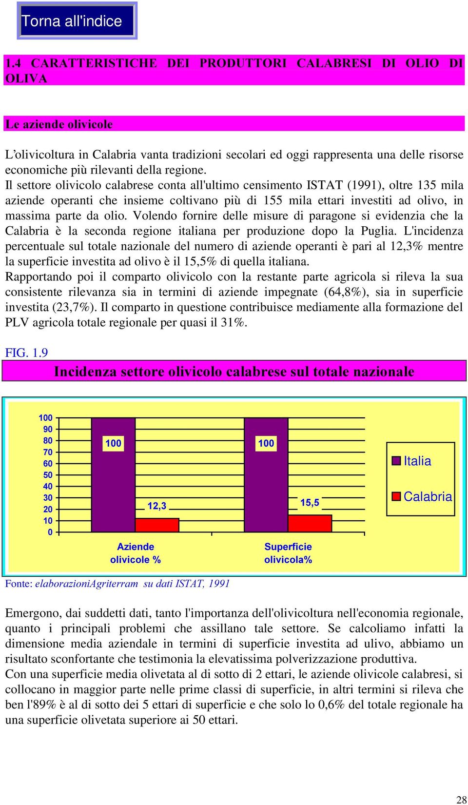 Il settore olivicolo calabrese conta all'ultimo censimento ISTAT (1991), oltre 135 mila aziende operanti che insieme coltivano più di 155 mila ettari investiti ad olivo, in massima parte da olio.