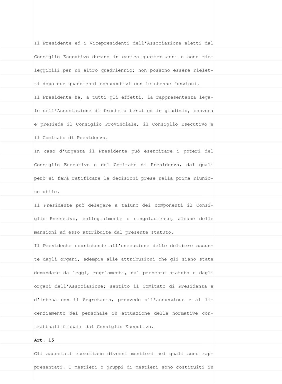 Il Presidente ha, a tutti gli effetti, la rappresentanza legale dell Associazione di fronte a terzi ed in giudizio, convoca e presiede il Consiglio Provinciale, il Consiglio Esecutivo e il Comitato