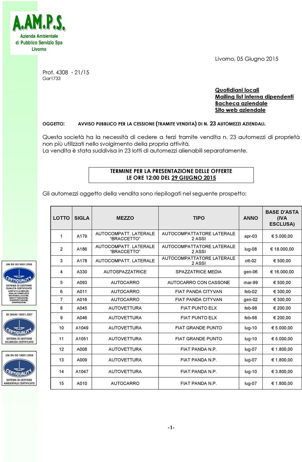 La vendita è stata suddivisa in 23 lotti di automezzi alienabili separatamente.