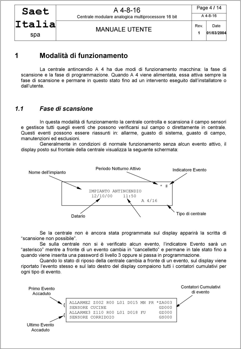 . Fase di scansione In questa modalità di funzionamento la centrale controlla e scansiona il campo sensori e gestisce tutti quegli eventi che possono verificarsi sul campo o direttamente in centrale.