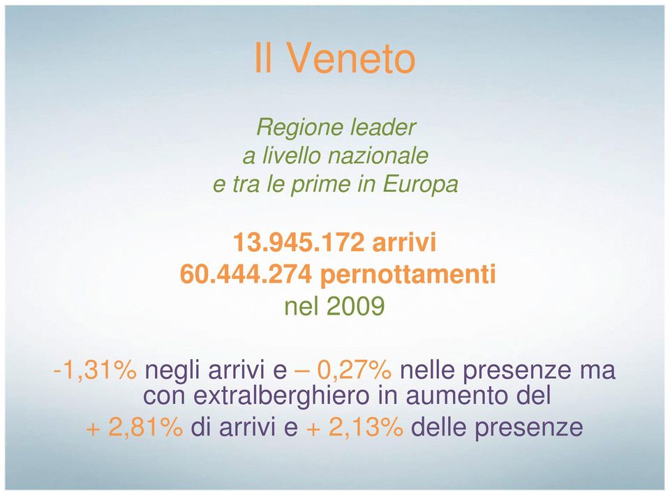 274 pernottamenti nel 2009-1,31% negli arrivi e 0,27% nelle