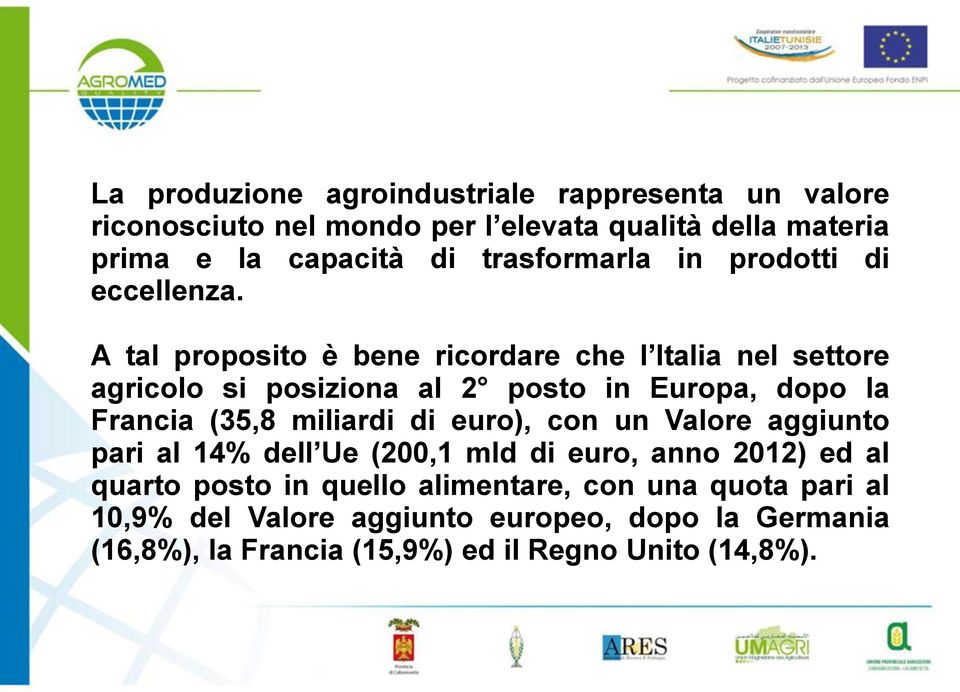 A tal proposito è bene ricordare che l Italia nel settore agricolo si posiziona al 2 posto in Europa, dopo la Francia (35,8 miliardi di