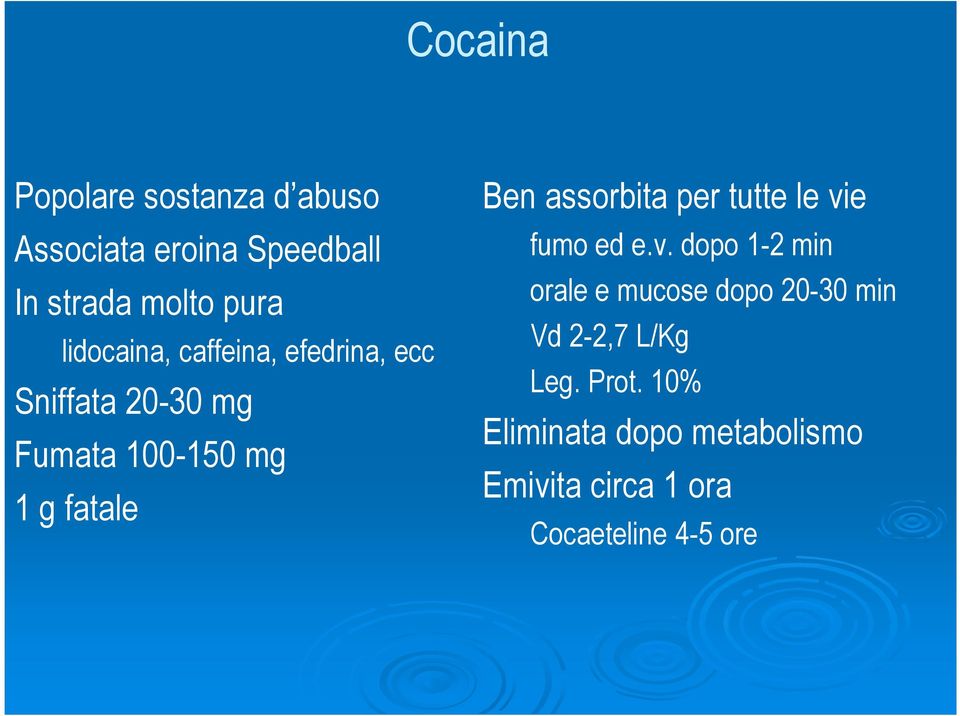 assorbita per tutte le vie fumo ed e.v. dopo 1-2 min orale e mucose dopo 20-30 min Vd 2-2,7 L/Kg Leg.