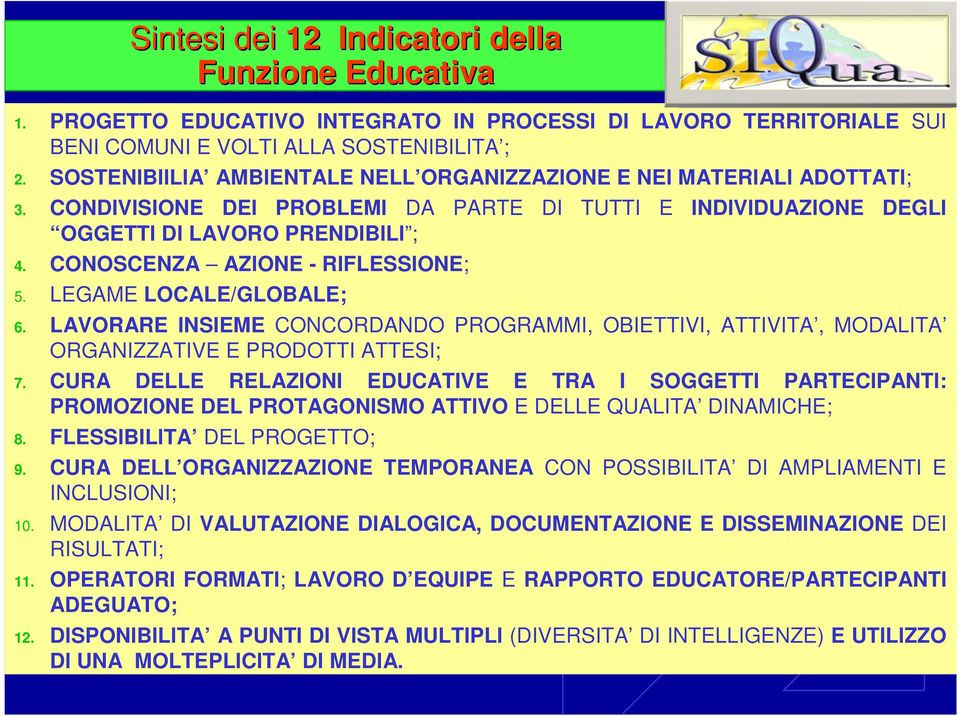 CONOSCENZA AZIONE - RIFLESSIONE; 5. LEGAME LOCALE/GLOBALE; 6. LAVORARE INSIEME CONCORDANDO PROGRAMMI, OBIETTIVI, ATTIVITA, MODALITA ORGANIZZATIVE E PRODOTTI ATTESI; 7.