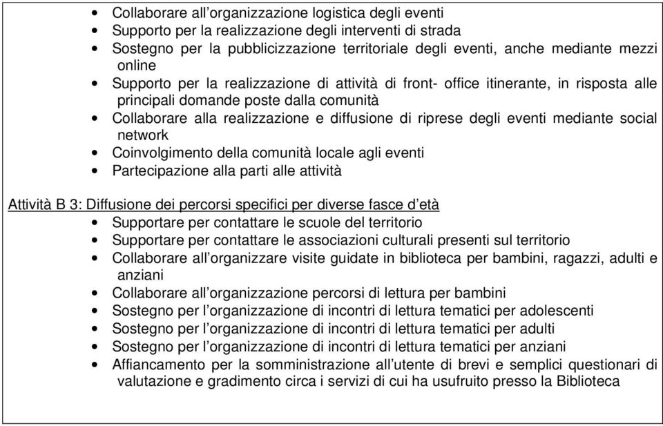 mediante social network Coinvolgimento della comunità locale agli eventi Partecipazione alla parti alle attività Attività B 3: Diffusione dei percorsi specifici per diverse fasce d età Supportare per