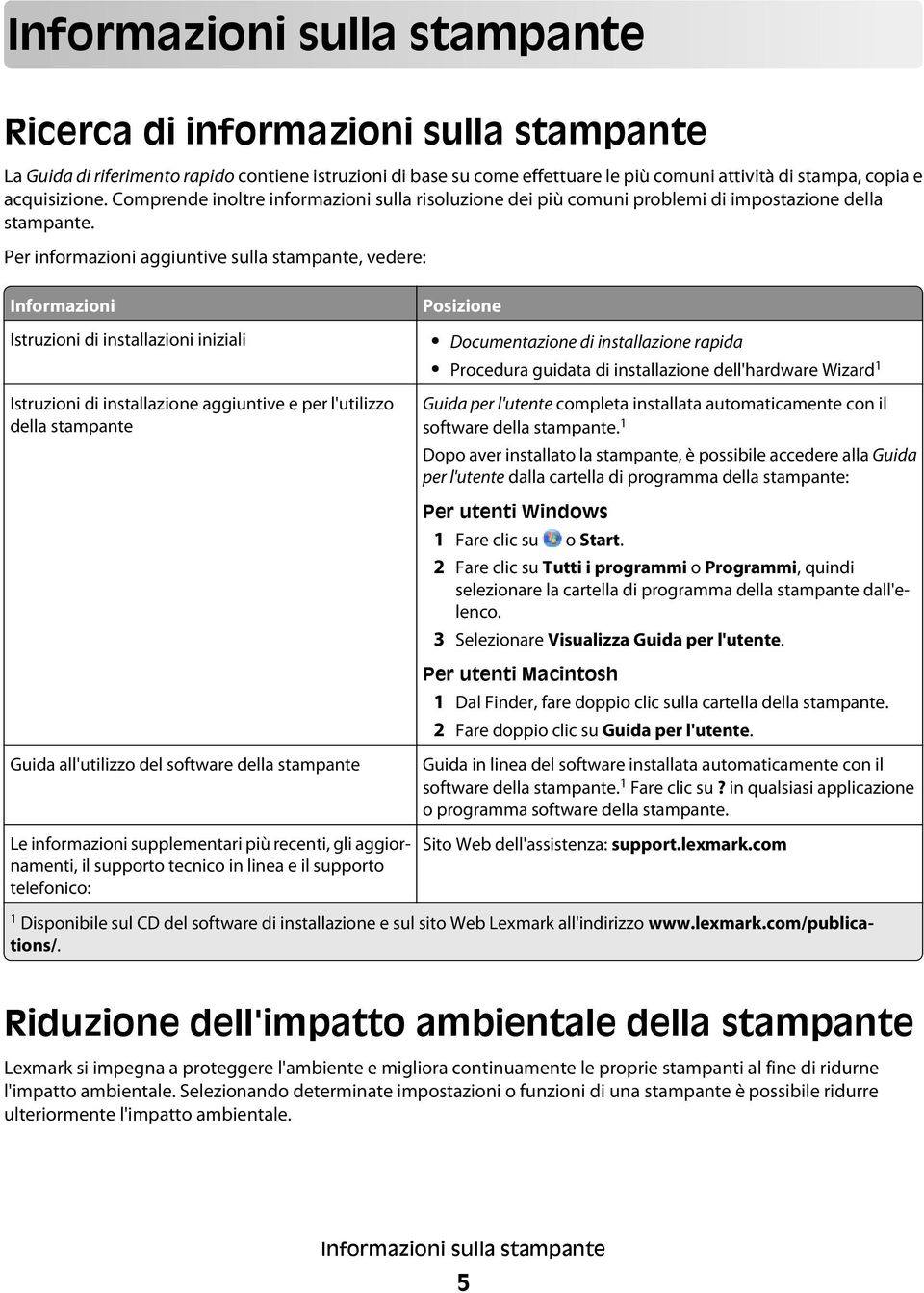 Per informazioni aggiuntive sulla stampante, vedere: Informazioni Istruzioni di installazioni iniziali Istruzioni di installazione aggiuntive e per l'utilizzo della stampante Guida all'utilizzo del