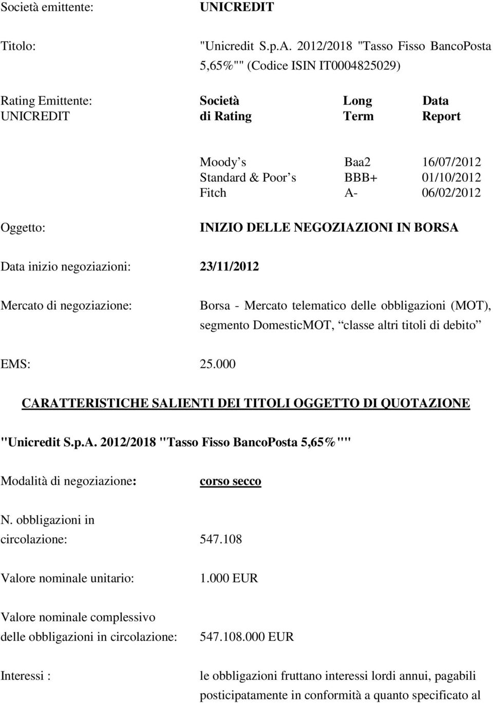 Fitch A- 06/02/2012 Oggetto: INIZIO DELLE NEGOZIAZIONI IN BORSA Data inizio negoziazioni: 23/11/2012 Mercato di negoziazione: Borsa - Mercato telematico delle obbligazioni (MOT), segmento