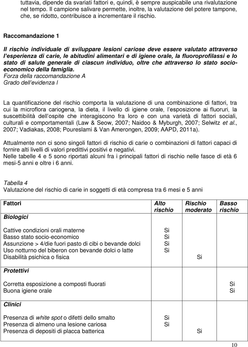 Raccomandazione 1 Il rischio individuale di sviluppare lesioni cariose deve essere valutato attraverso l esperienza di carie, le abitudini alimentari e di igiene orale, la fluoroprofilassi e lo stato