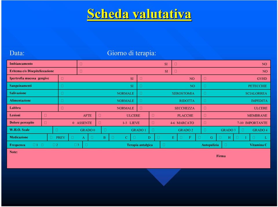 SECCHEZZA ULCERE Lesioni AFTE ULCERE PLACCHE MEMBRANE Dolore percepito 0 ASSENTE 1-3 LIEVE 4-6 MARCATO 