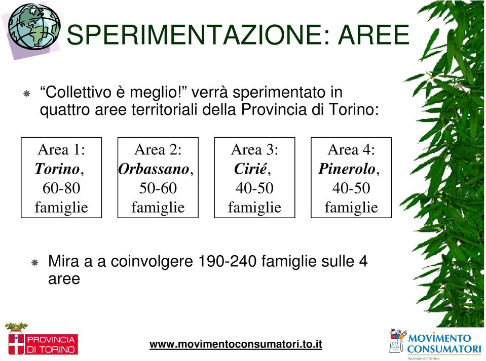 Torino: Area 1: Torino, 60-80 famiglie Area 2: Orbassano, 50-60 famiglie