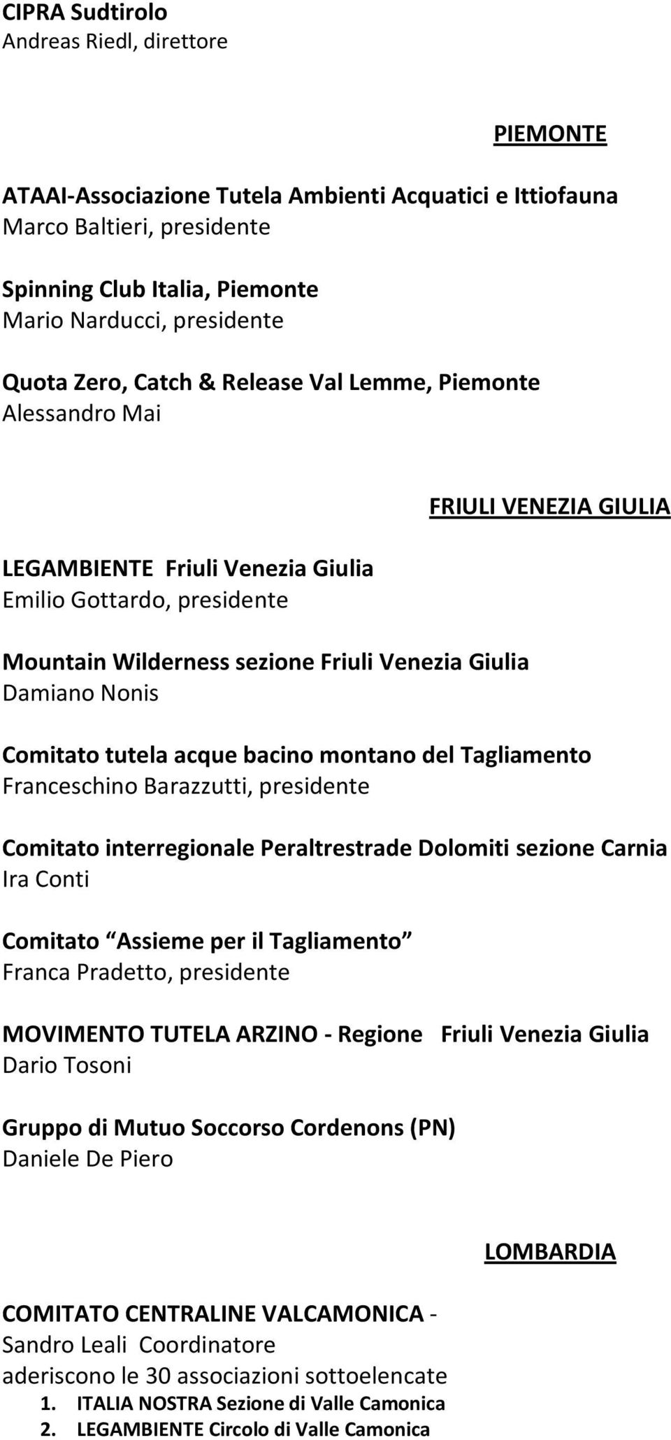 GIULIA Comitato tutela acque bacino montano del Tagliamento Franceschino Barazzutti, presidente Comitato interregionale Peraltrestrade Dolomiti sezione Carnia Ira Conti Comitato Assieme per il