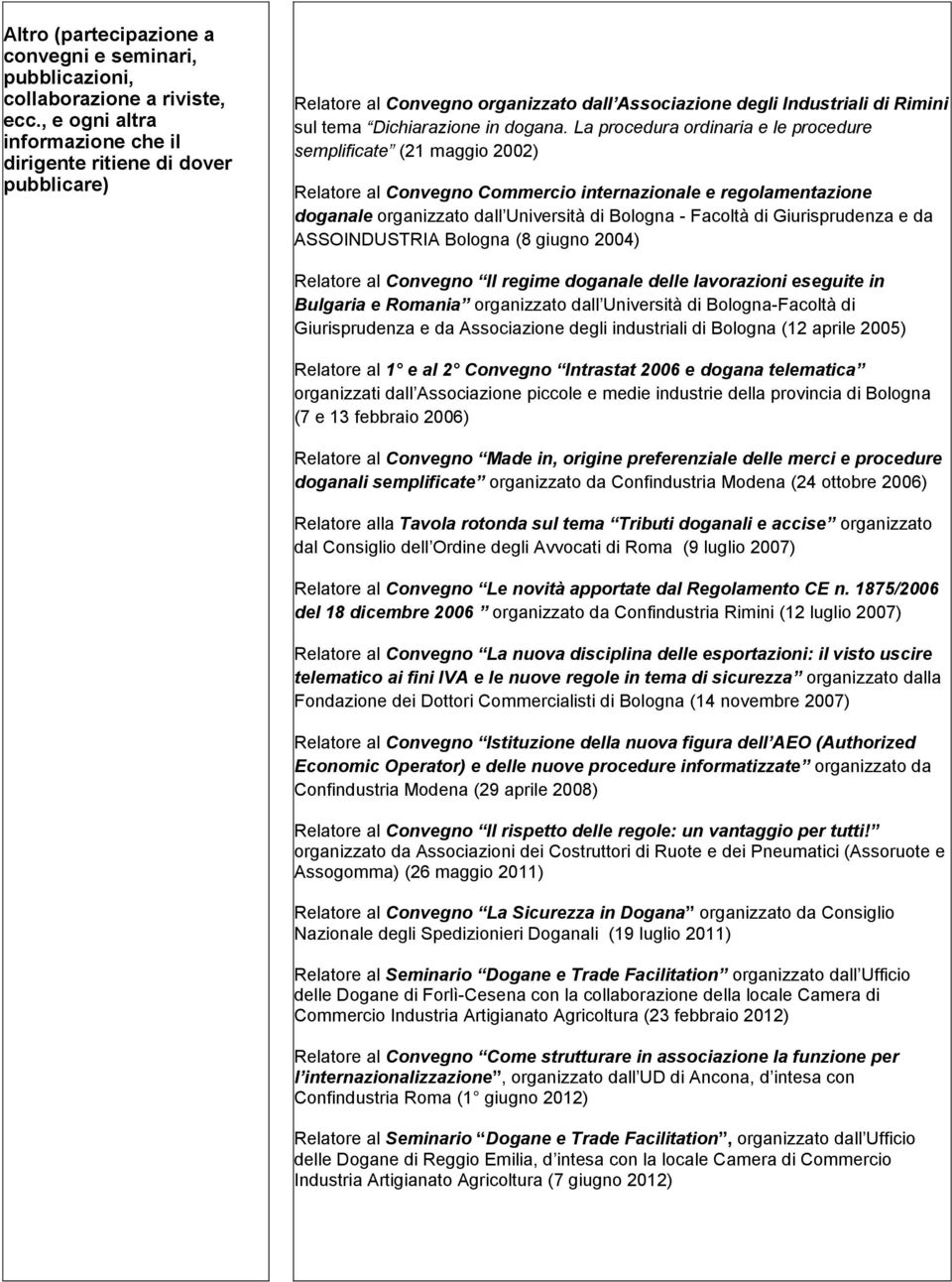 La procedura ordinaria e le procedure semplificate (21 maggio 2002) Relatore al Convegno Commercio internazionale e regolamentazione doganale organizzato dall Università di Bologna - Facoltà di