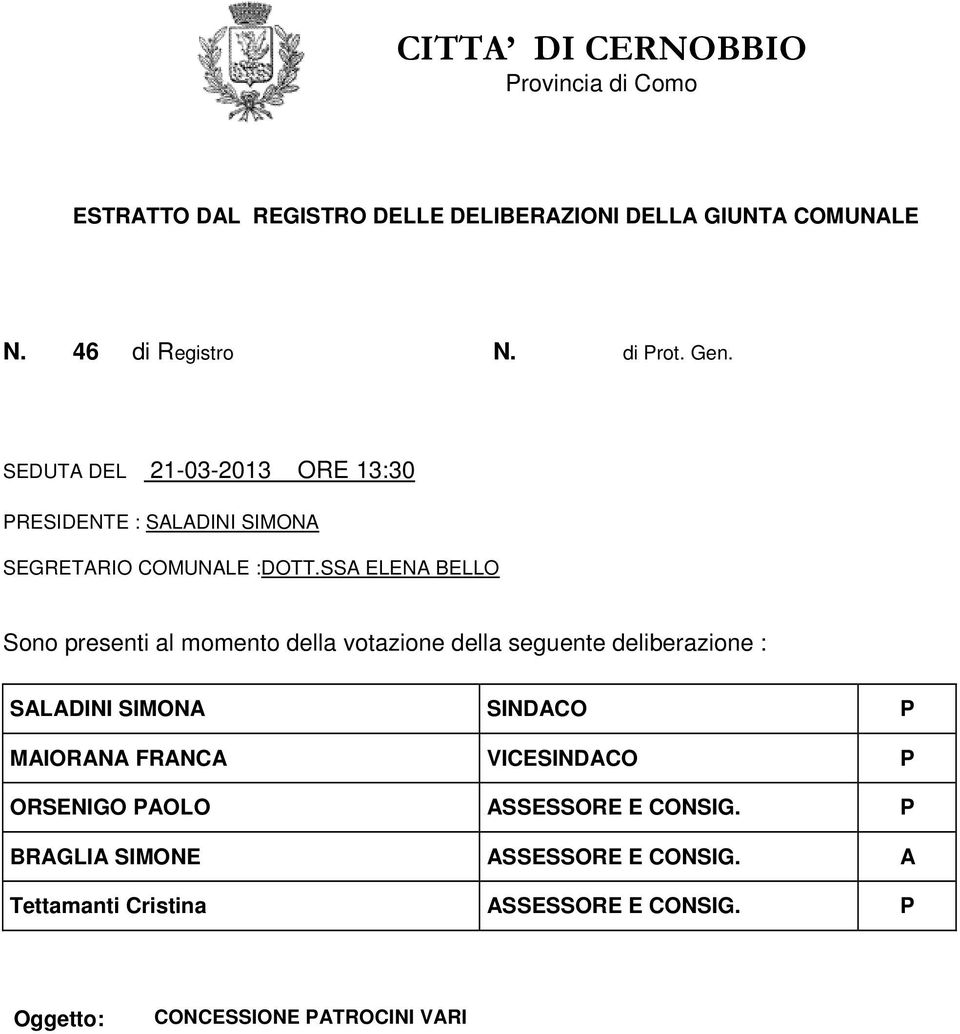 SSA ELENA BELLO Sono presenti al momento della votazione della seguente deliberazione : SALADINI SIMONA SINDACO P MAIORANA FRANCA