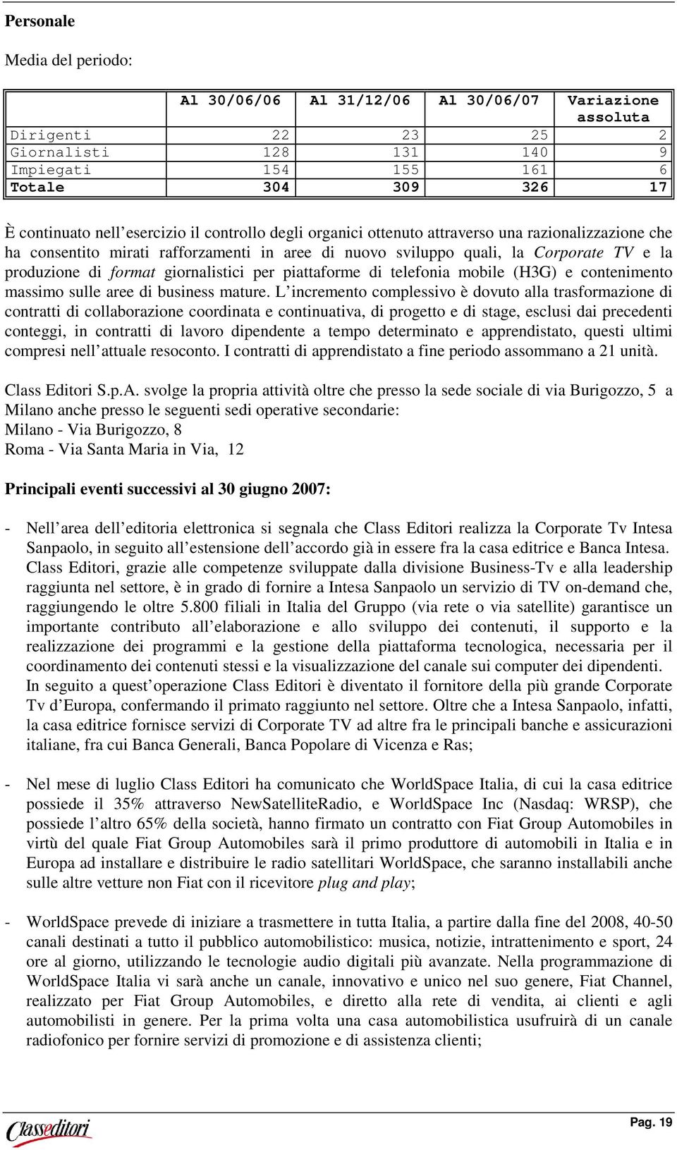 giornalistici per piattaforme di telefonia mobile (H3G) e contenimento massimo sulle aree di business mature.