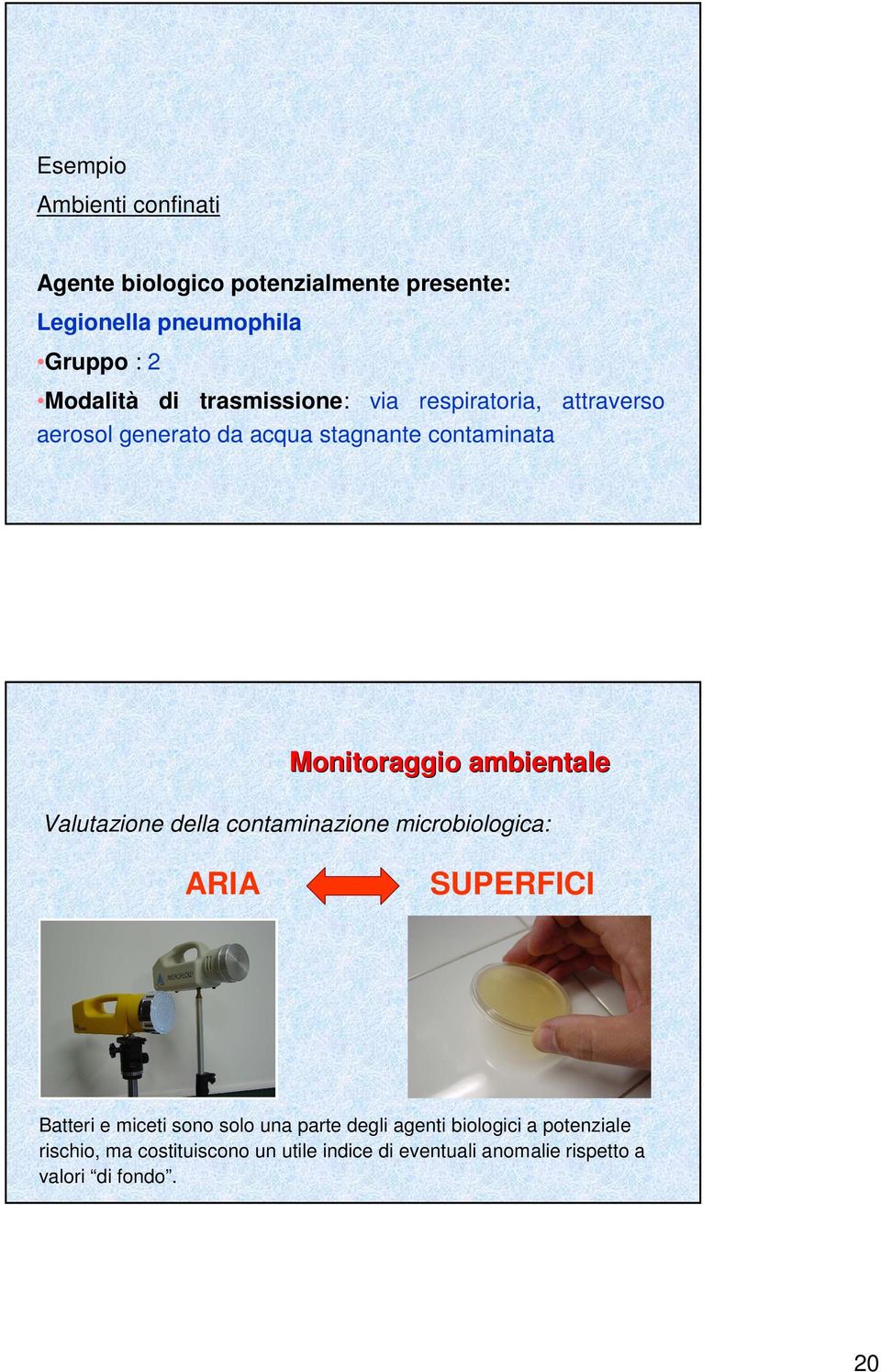 Valutazione della contaminazione microbiologica: ARIA SUPERFICI Batteri e miceti sono solo una parte degli agenti