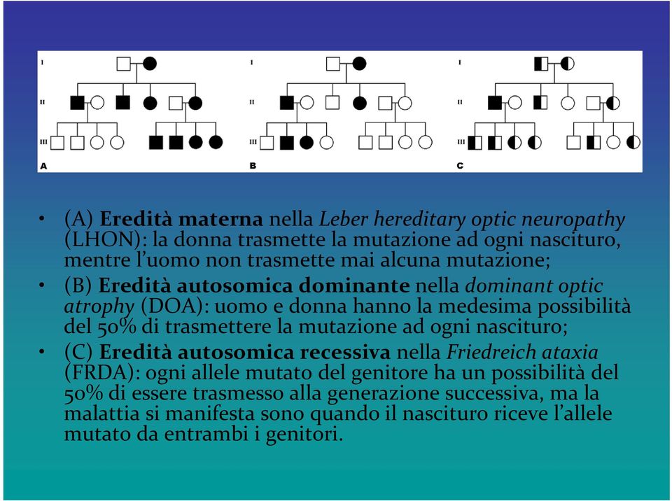 la mutazione ad ogni nascituro; (C) Eredità autosomica recessiva nella Friedreich ataxia (FRDA): ogni allele mutato del genitore ha un possibilità del