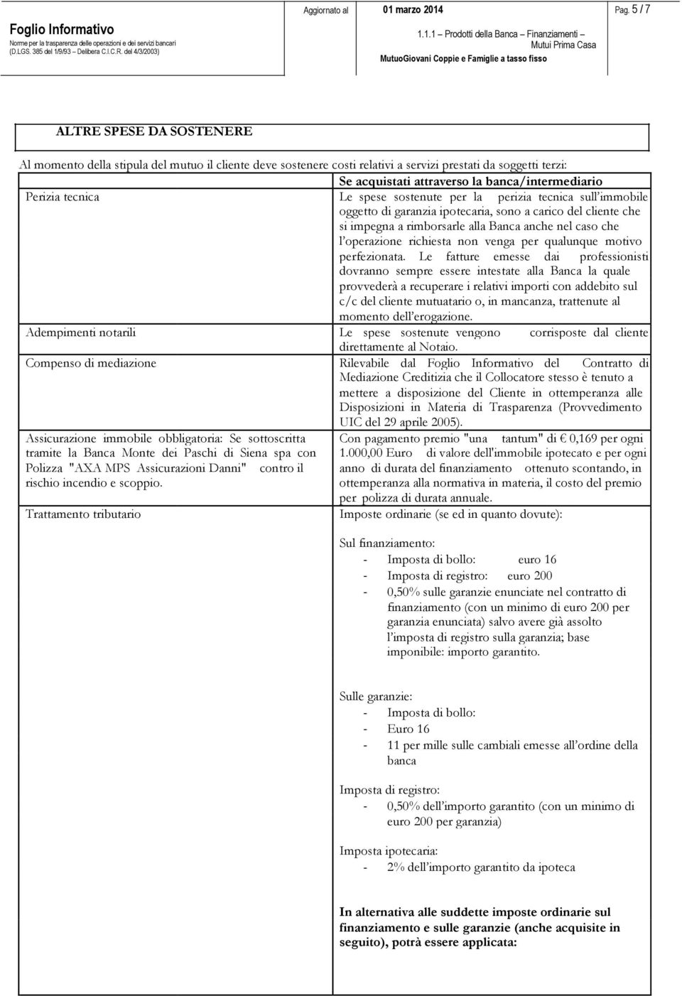 acquistati attraverso la banca/intermediario Perizia tecnica Le spese sostenute per la perizia tecnica sull immobile oggetto di garanzia ipotecaria, sono a carico del cliente che si impegna a