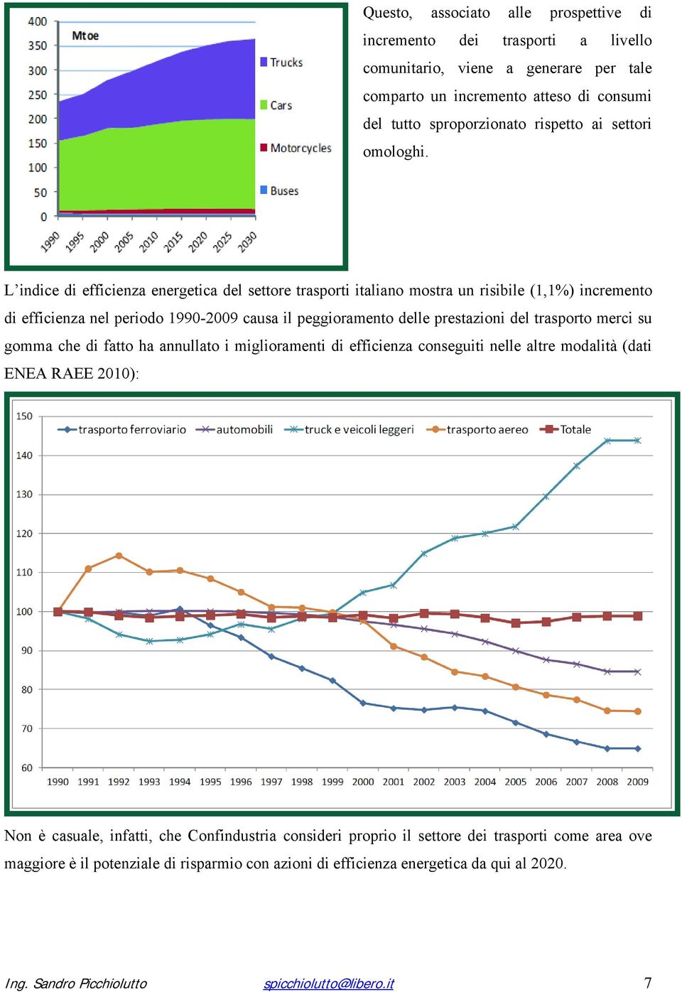 L indice di efficienza energetica del settore trasporti italiano mostra un risibile (1,1%) incremento di efficienza nel periodo 1990-2009 causa il peggioramento delle prestazioni