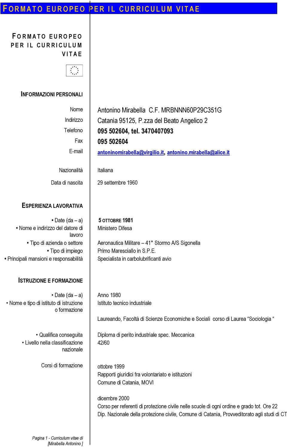 it Nazionalità Italiana Data di nascita 29 settembre 1960 ESPERIENZA LAVORATIVA Date (da a) 5 OTTOBRE 1981 Nome e indirizzo del datore di Ministero Difesa lavoro Tipo di azienda o settore Aeronautica
