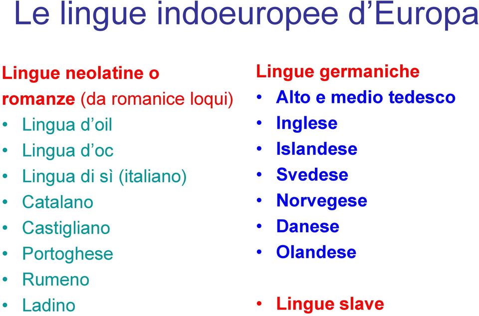 Catalano Castigliano Portoghese Rumeno Ladino Lingue germaniche Alto