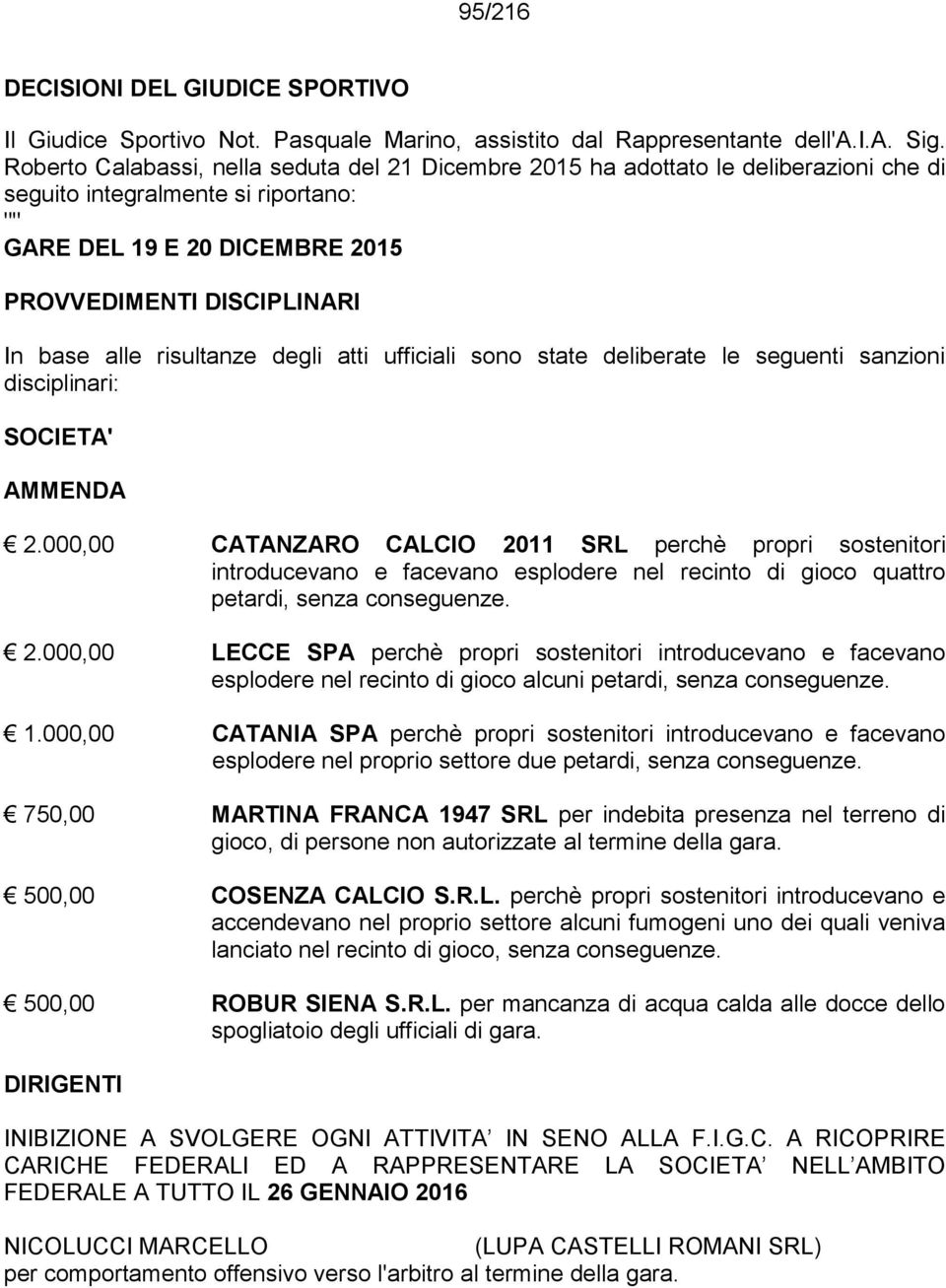 risultanze degli atti ufficiali sono state deliberate le seguenti sanzioni disciplinari: SOCIETA' AMMENDA 2.