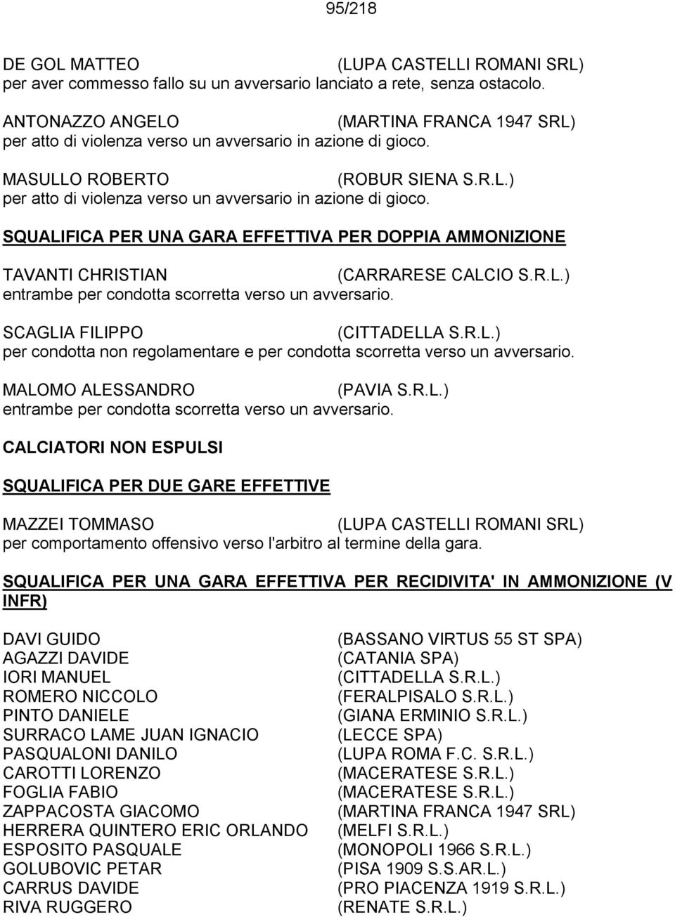 SQUALIFICA PER UNA GARA EFFETTIVA PER DOPPIA AMMONIZIONE TAVANTI CHRISTIAN entrambe per condotta scorretta verso un avversario.