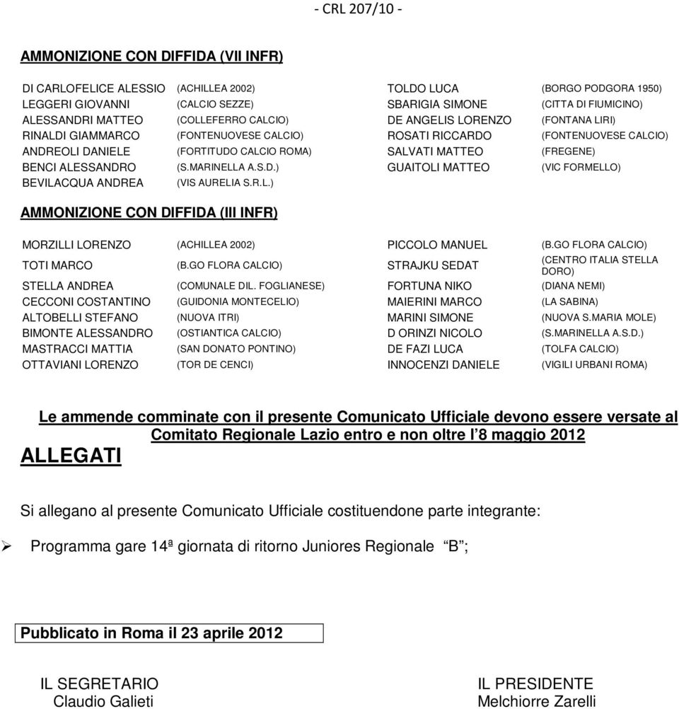 MATTEO (FREGENE) BENCI ALESSANDRO (S.MARINELLA A.S.D.) GUAITOLI MATTEO (VIC FORMELLO) BEVILACQUA ANDREA (VIS AURELIA S.R.L.) AMMONIZIONE CON DIFFIDA (III INFR) MORZILLI LORENZO (ACHILLEA 2002) PICCOLO MANUEL (B.