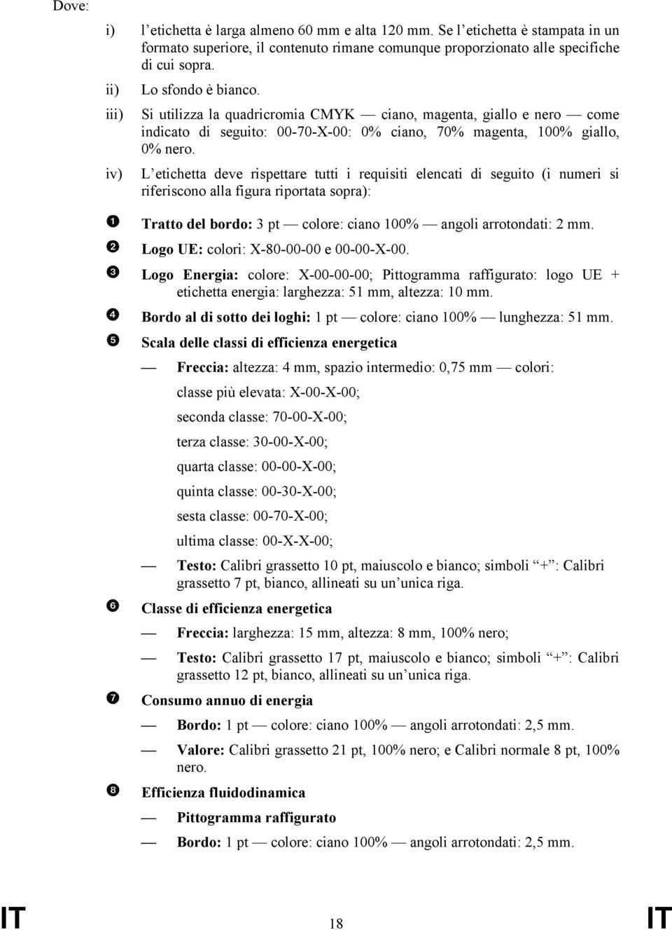 iv) L etichetta deve rispettare tutti i requisiti elencati di seguito (i numeri si riferiscono alla figura riportata sopra): Tratto del bordo: 3 pt colore: ciano 100% angoli arrotondati: 2 mm.