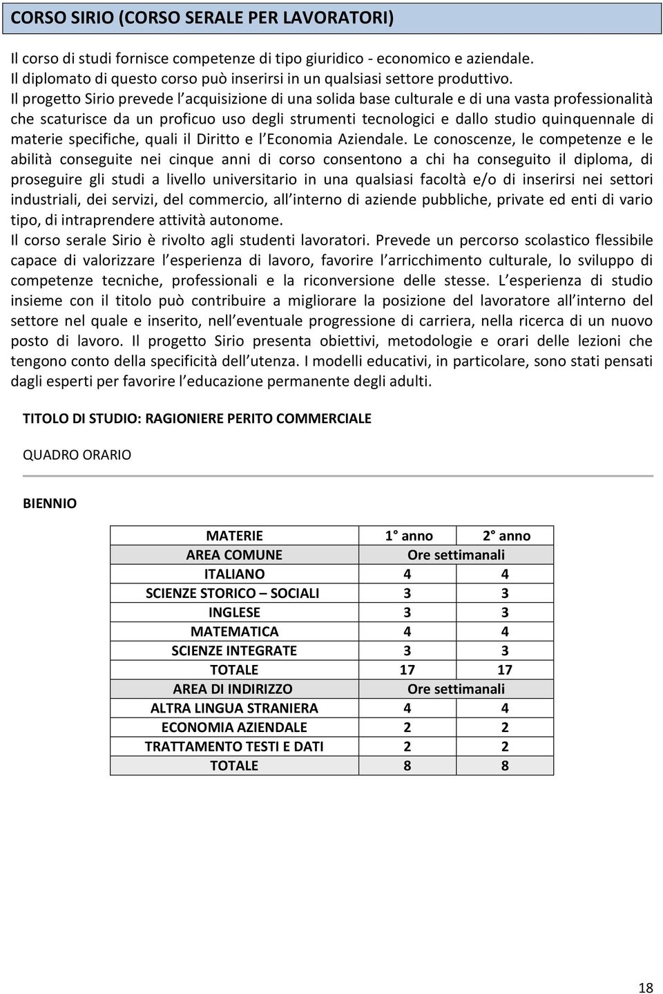 Il progetto Sirio prevede l acquisizione di una solida base culturale e di una vasta professionalità che scaturisce da un proficuo uso degli strumenti tecnologici e dallo studio quinquennale di