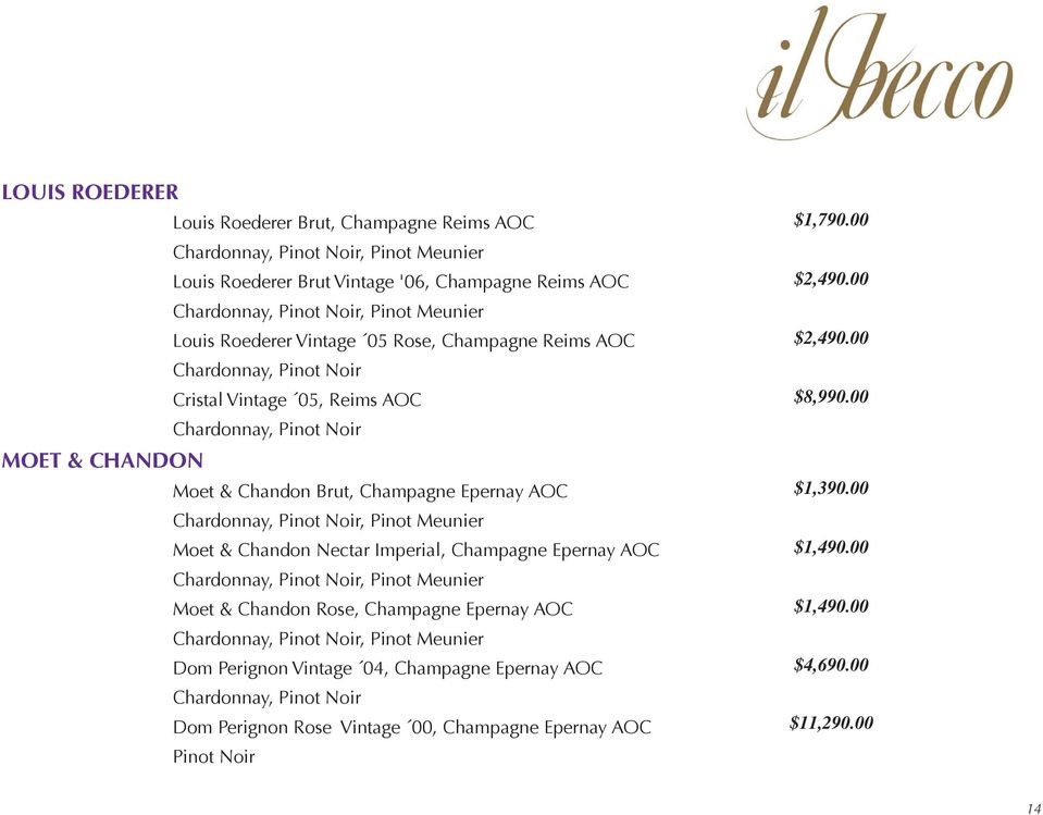 00 Chardonnay, Pinot Noir MOET & CHANDON Moet & Chandon Brut, Champagne Epernay AOC $1,390.00 Chardonnay, Pinot Noir, Pinot Meunier Moet & Chandon Nectar Imperial, Champagne Epernay AOC $1,490.