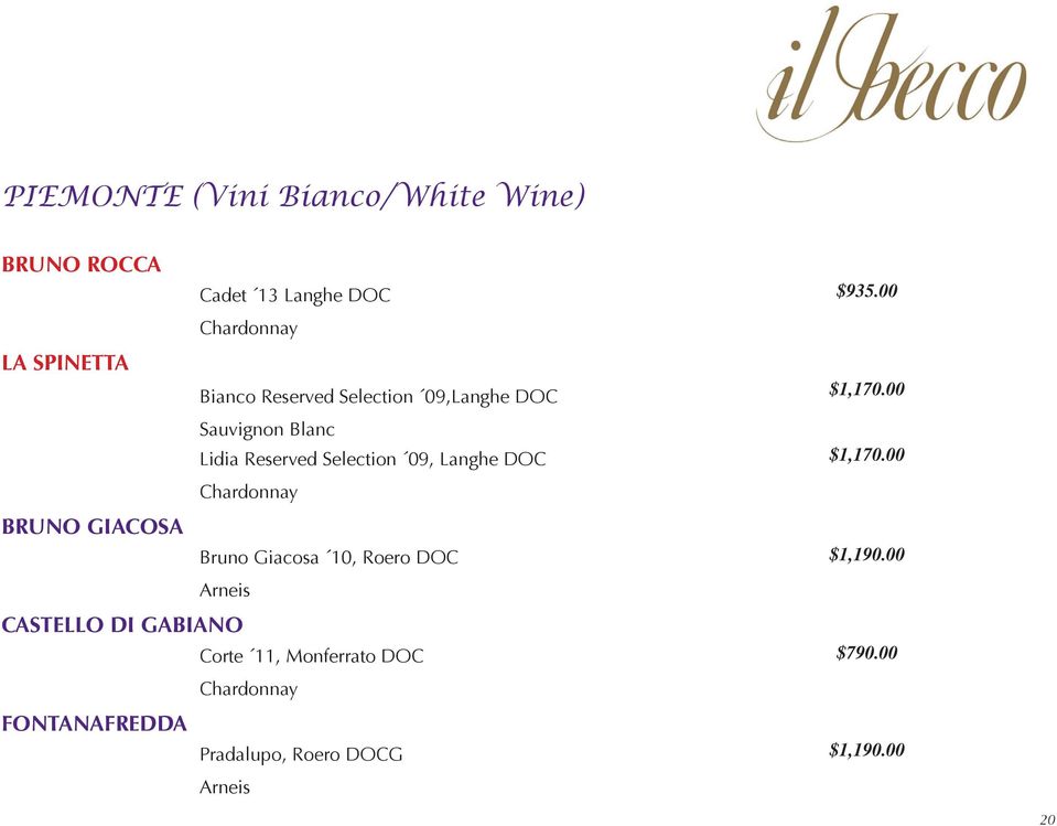 00 Sauvignon Blanc Lidia Reserved Selection 09, Langhe DOC $1,170.