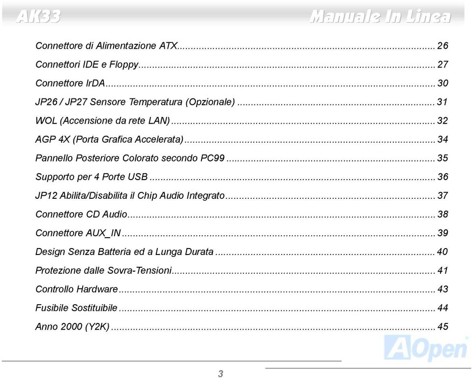 .. 35 Supporto per 4 Porte USB... 36 JP12 Abilita/Disabilita il Chip Audio Integrato... 37 Connettore CD Audio... 38 Connettore AUX_IN.