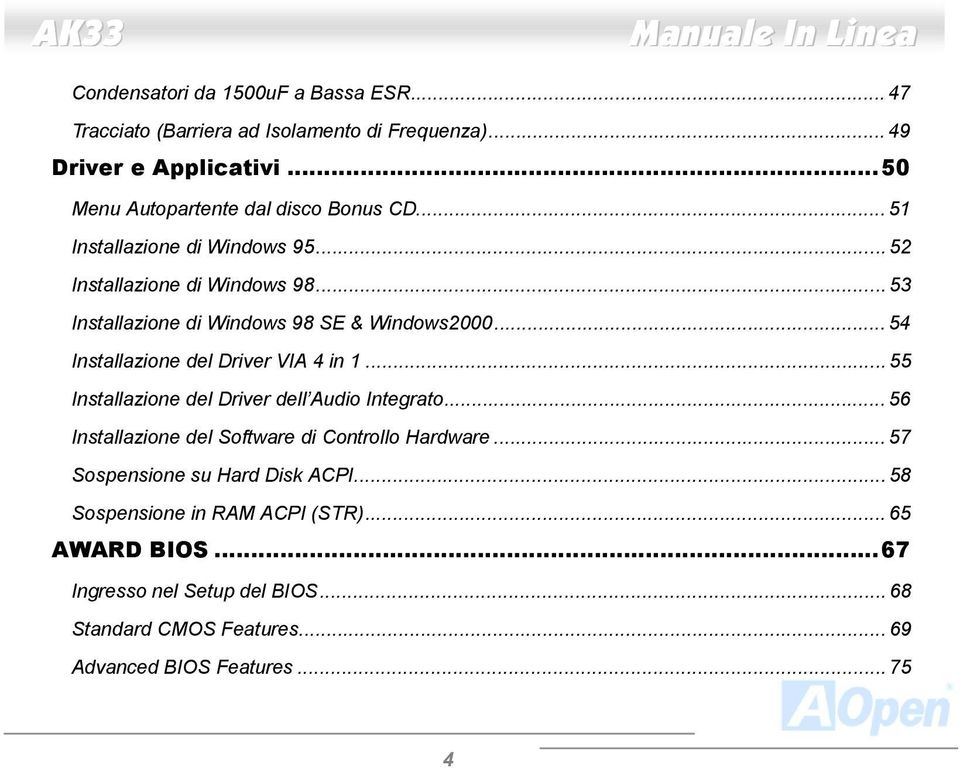 .. 53 Installazione di Windows 98 SE & Windows2000... 54 Installazione del Driver VIA 4 in 1... 55 Installazione del Driver dell Audio Integrato.